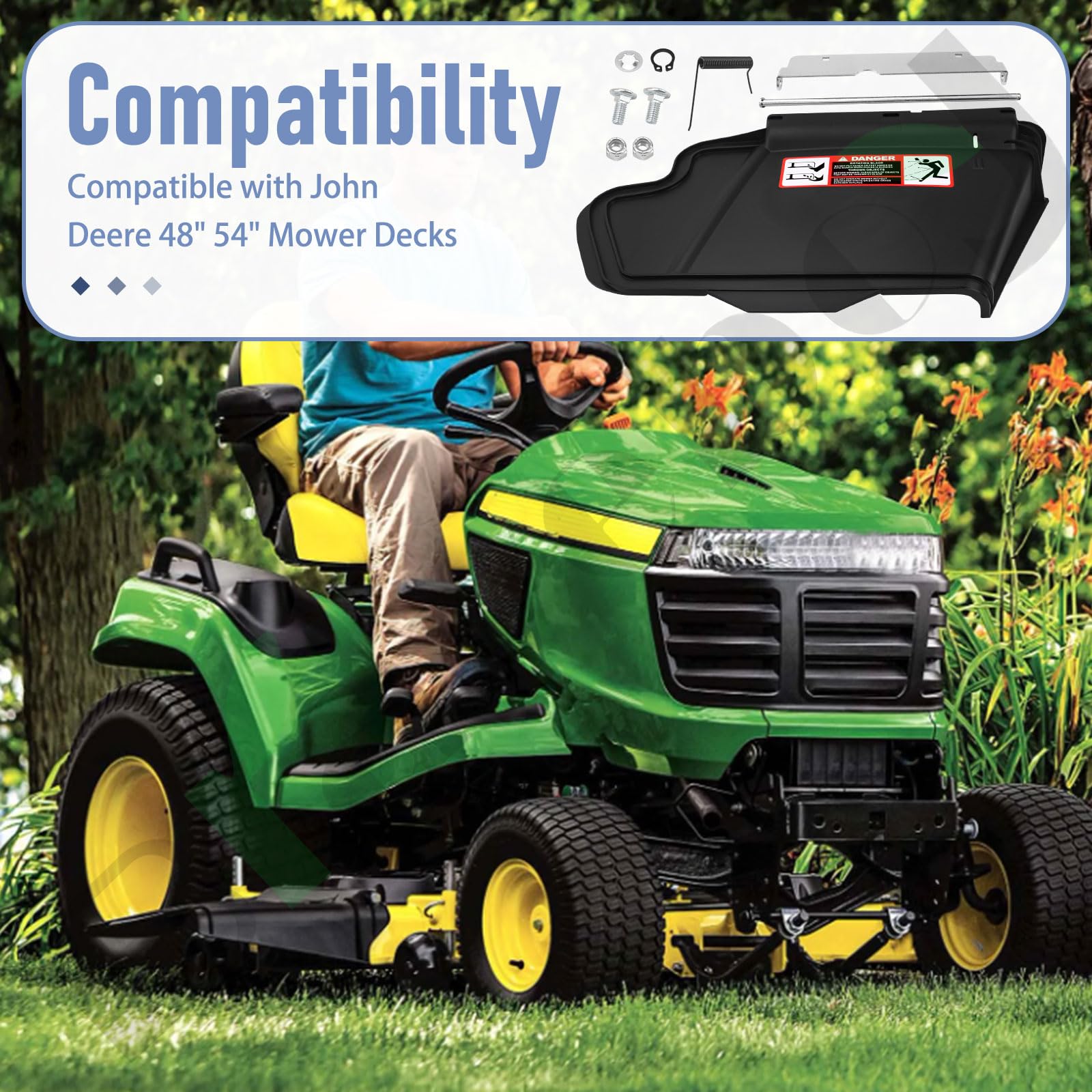 Braveboy chute shown on a John Deere tractor with a 48-54 inch deck