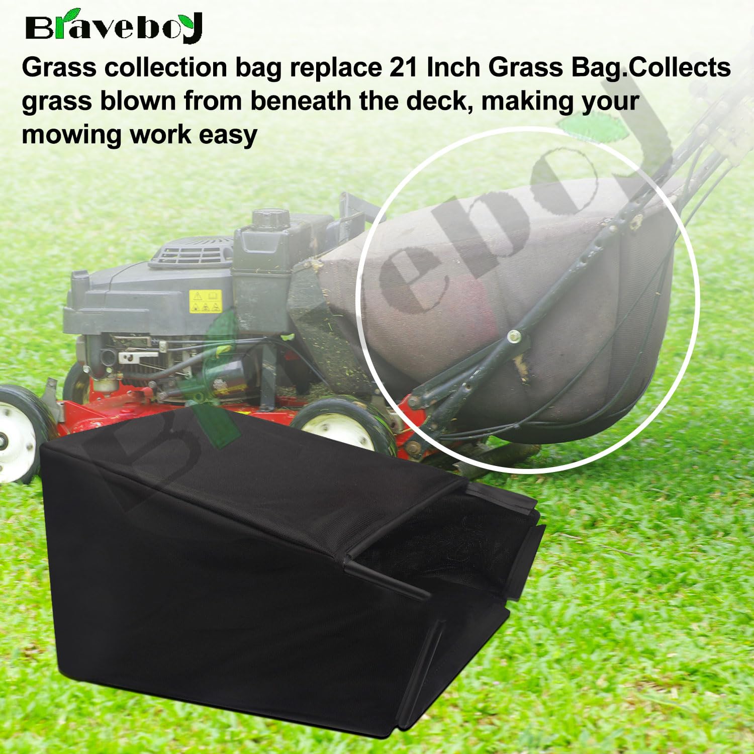 Braveboy 664-04007A grass bag side view demonstrates broad mower compatibility