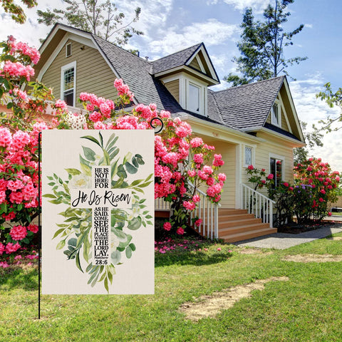 Bravilan He is Risen flag brings charming curb appeal to any garden.