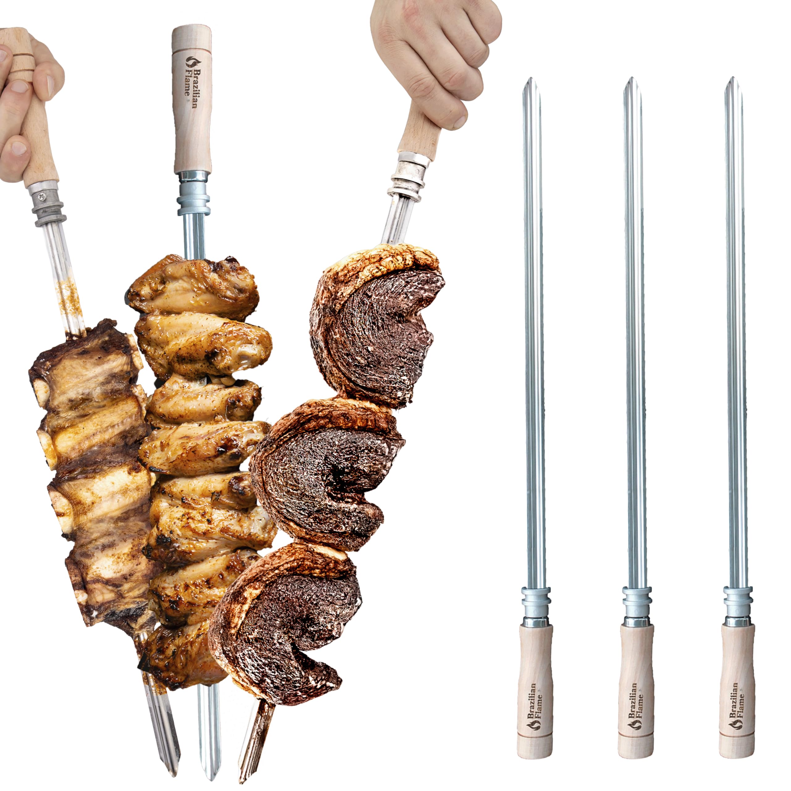 Brazilian Flame 3-Skewer flat design for stable kebabs during rotation.