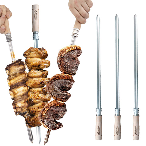 Brazilian Flame 3-Skewer flat design for stable kebabs during rotation.