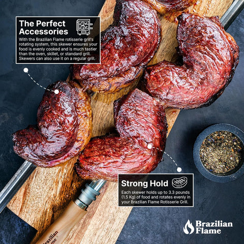 Brazilian Flame skewers with comfortable wood handles reduce heat transfer for safe turning.