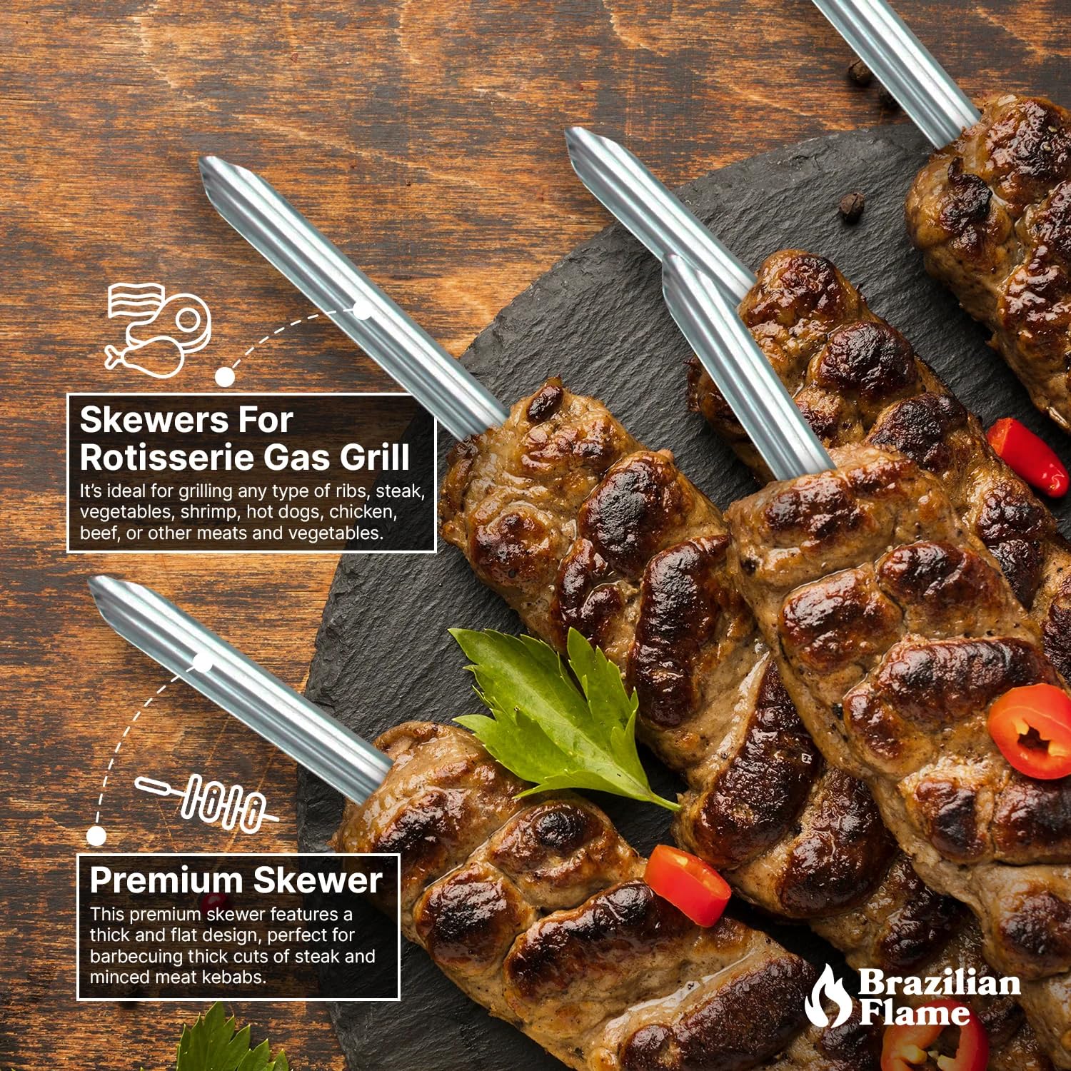 Brazilian Flame dishwasher-safe skewers simplify post-grilling cleanup.