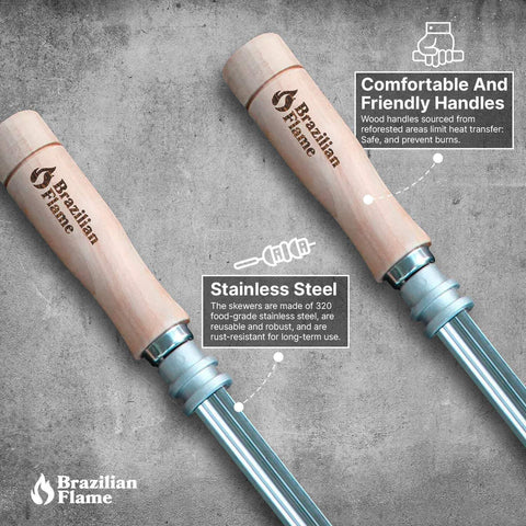 Brazilian Flame easy-clean skewers designed for quick, practical cleanup.