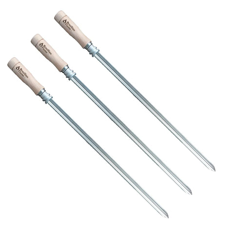Brazilian Flame rotisserie skewers in stainless steel promote even heat distribution.