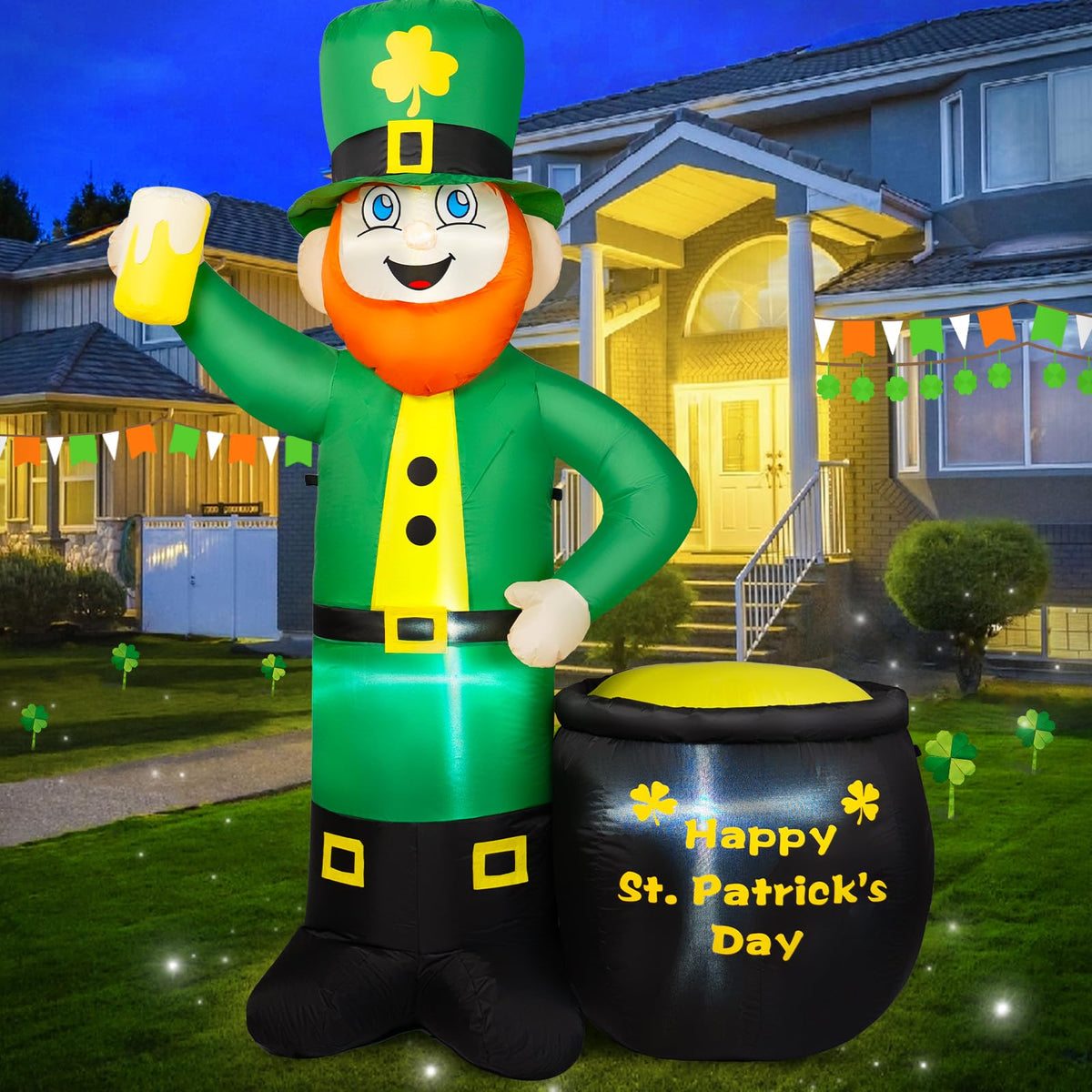 BRDJade leprechaun inflatable with LED lights brightening the yard at night