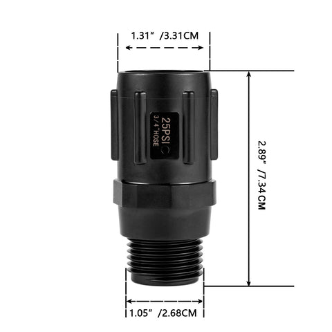 Breeezliy regulator installed on a garden hose with 3/4 FHT to 3/4 MHT fittings visible.