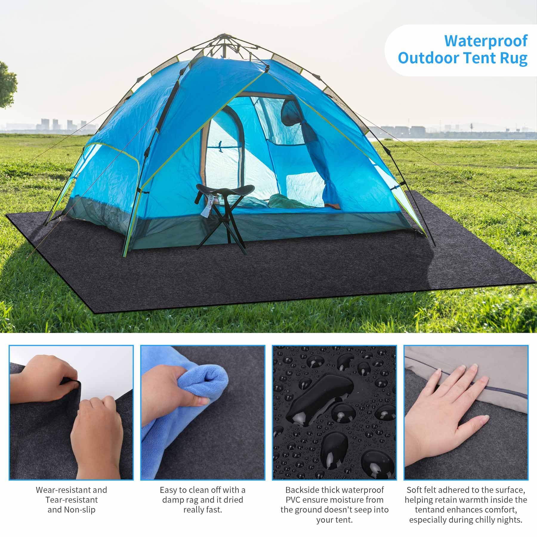 BREENHILL tent carpet has waterproof backing to block moisture.