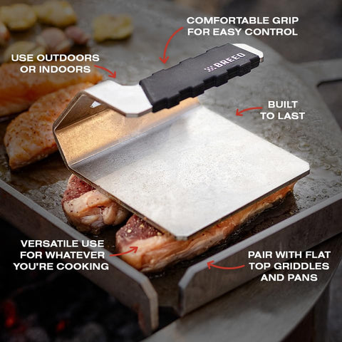 Breeo Griddle Press in flat-top usage to evenly press burgers and sear surfaces.