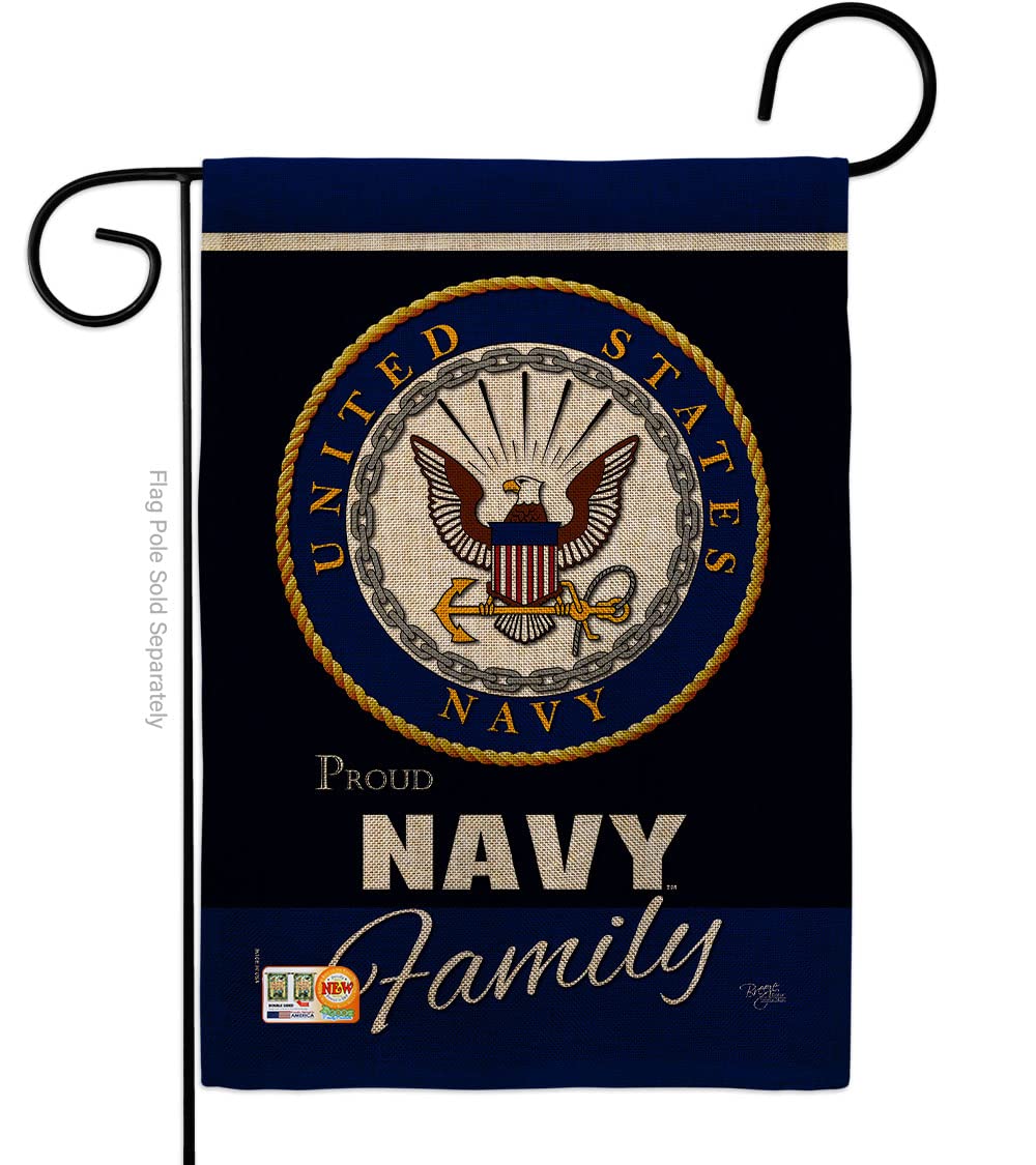 Breeze Decor navy proudly family burlap flag with double-sided readability for outdoor display