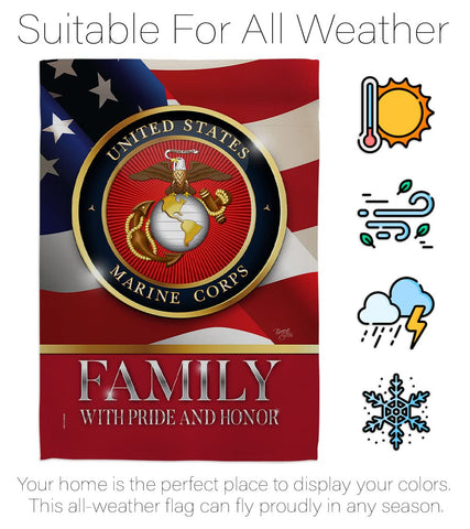Breeze Decor US Marine Family Honor flag, sleeve hanging for easy vertical display.