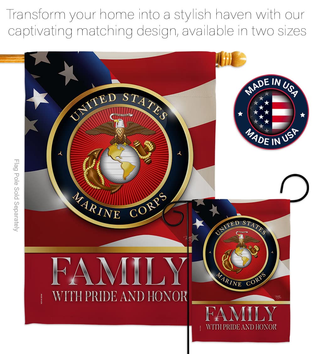 Breeze Decor US Marine Family Honor flag, weather-resistant 3-layer design withstands outdoor use.