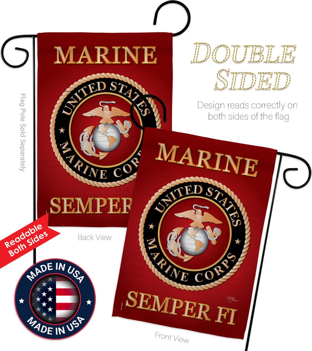Breeze Decor USMC garden flag weather-resistant fabric withstands sun and rain.