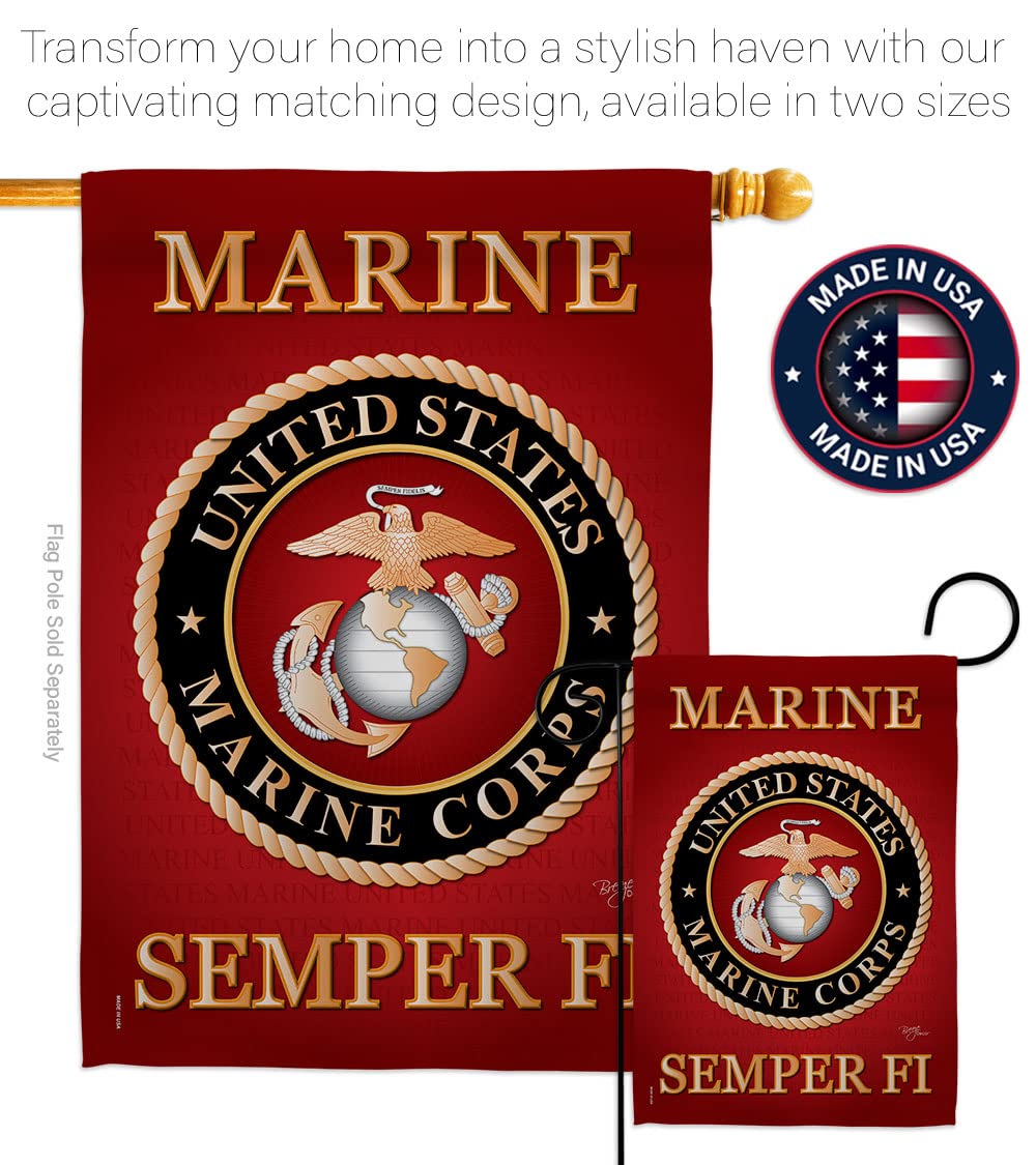 Breeze Decor USMC garden flag detailed Semper Fi embroidery adds proud detail.