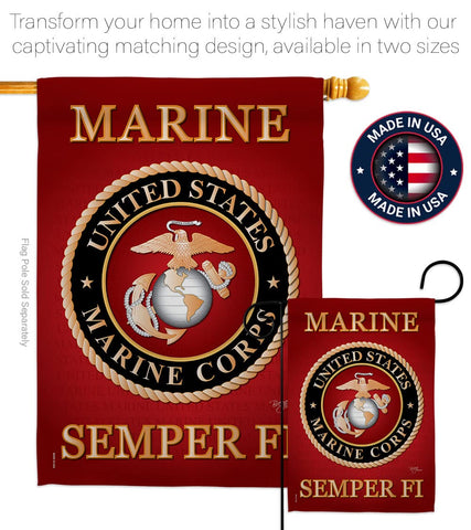 Breeze Decor USMC garden flag detailed Semper Fi embroidery adds proud detail.