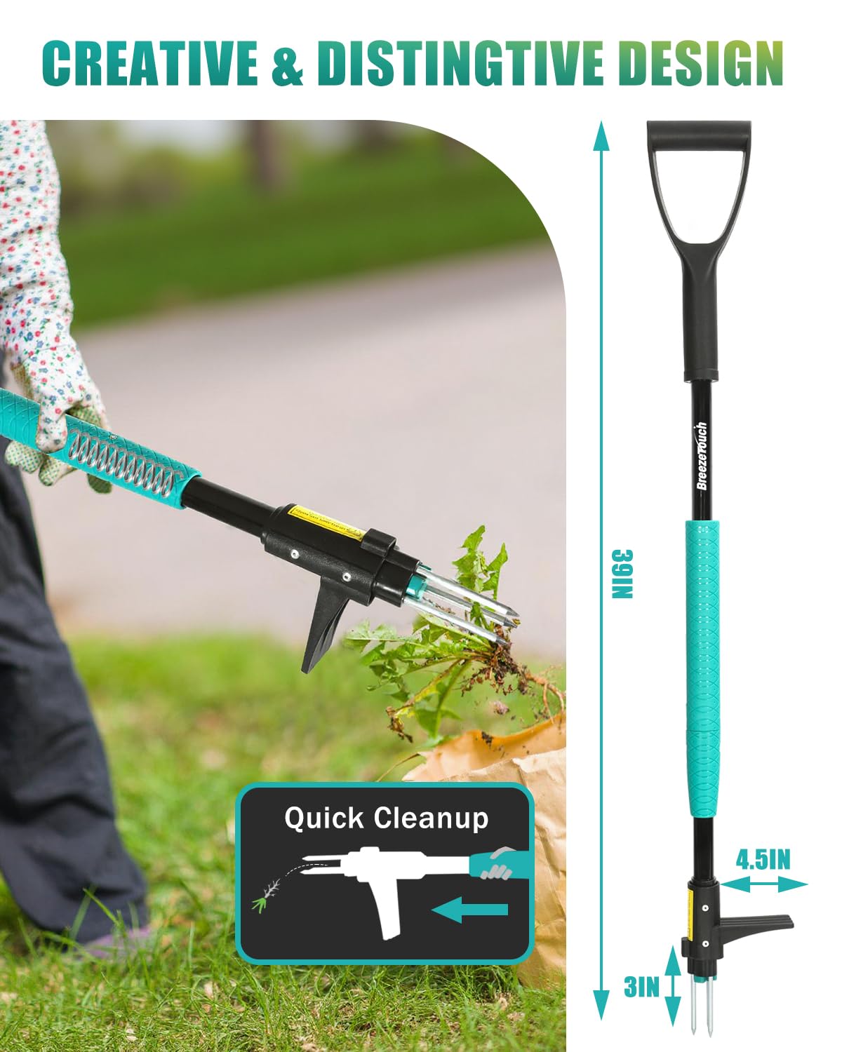 Breeze Touch Built-In Ejector releases weeds after pulling.