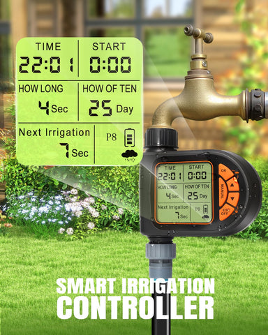 Breeze Touch programmable timer close-up showing multiple watering schedules