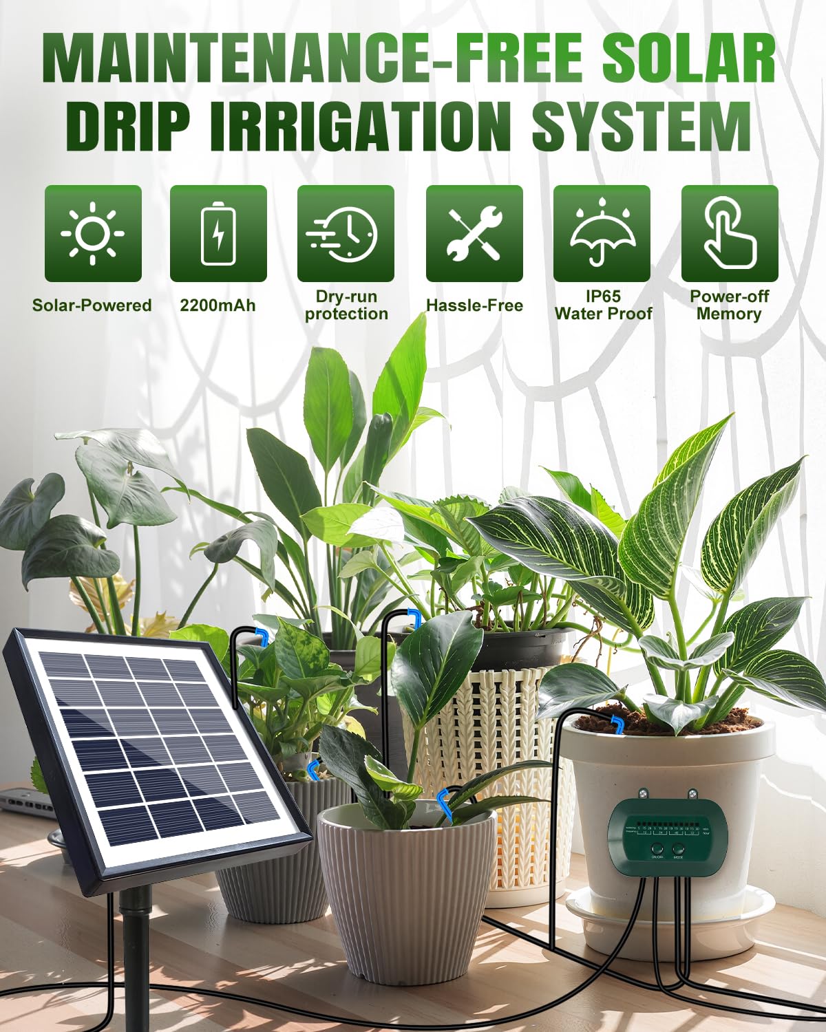 Breeze Touch solar panel charging powers daytime energy for night watering.