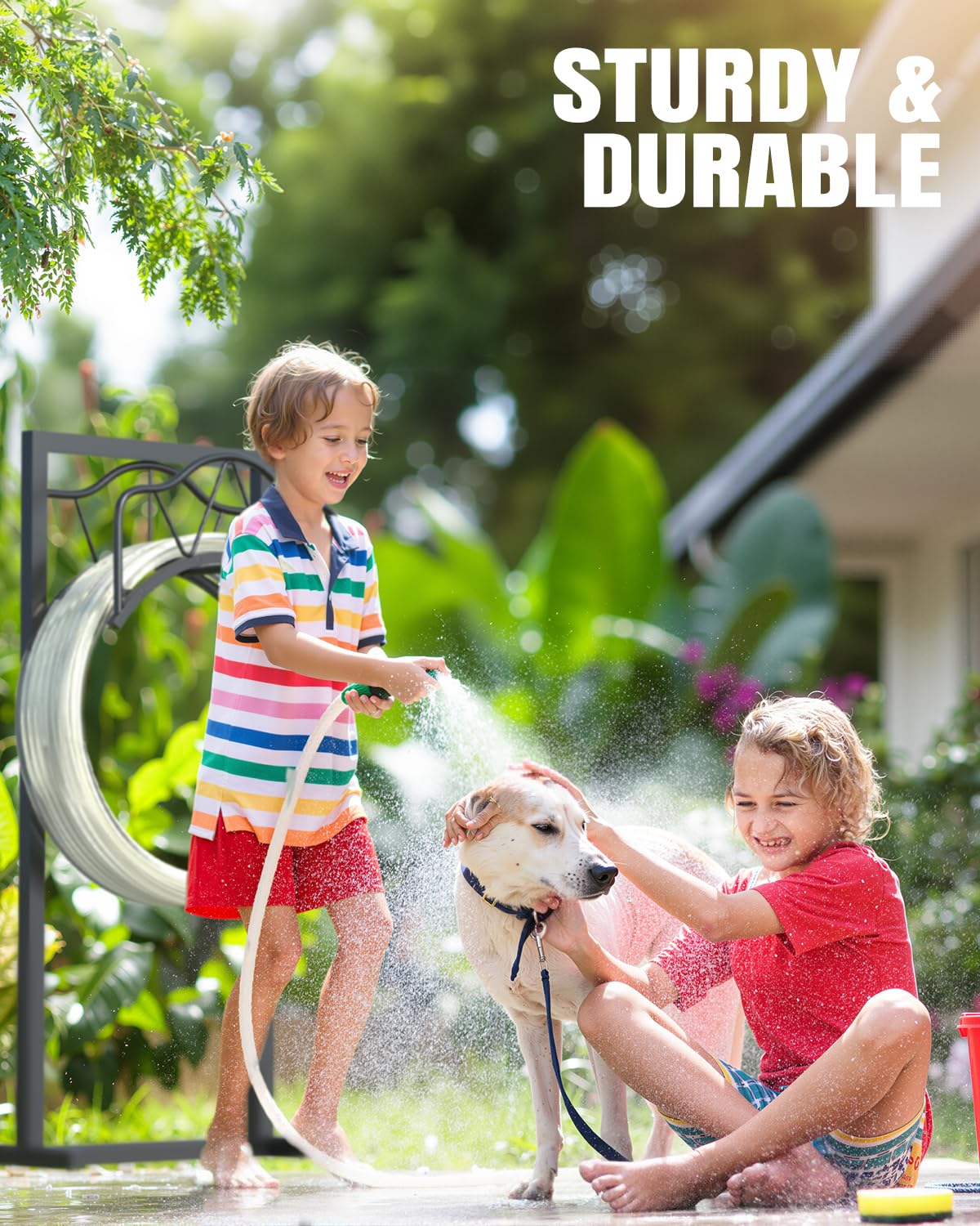 Breeze Touch stable hose organizer placed on a garden path