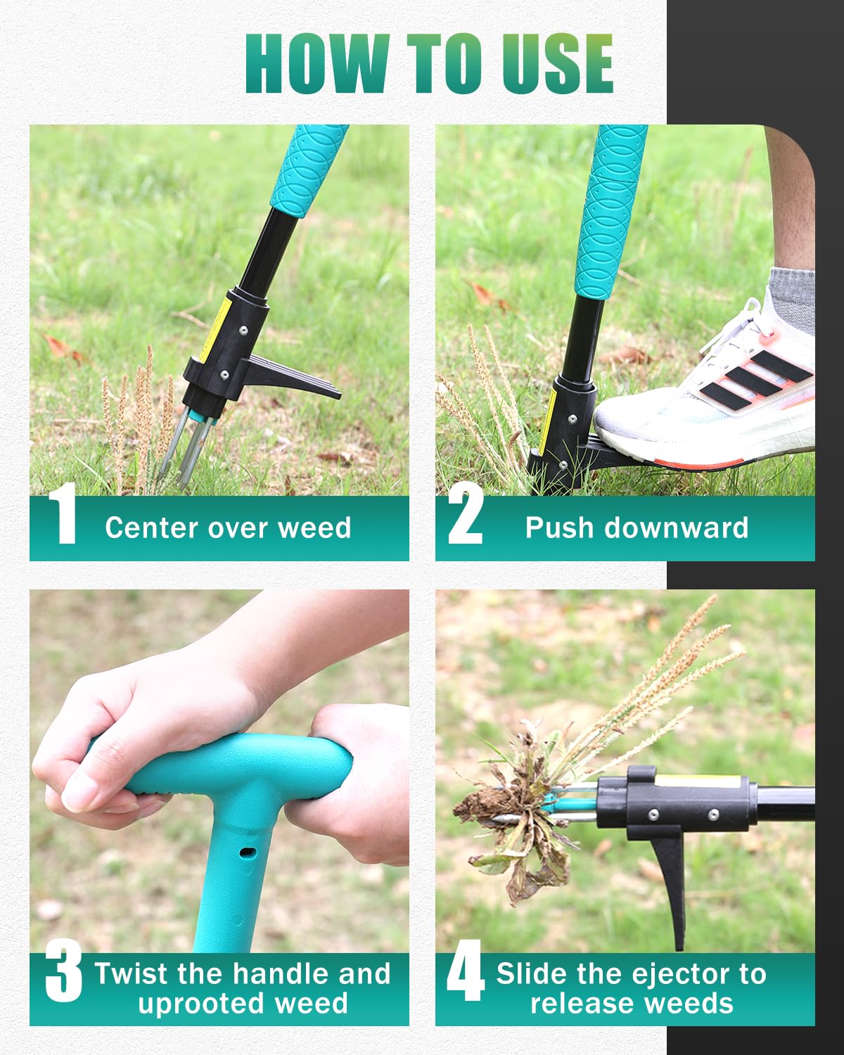 Breeze Touch weed remover in lawn showing practical, hands-free cleanup.