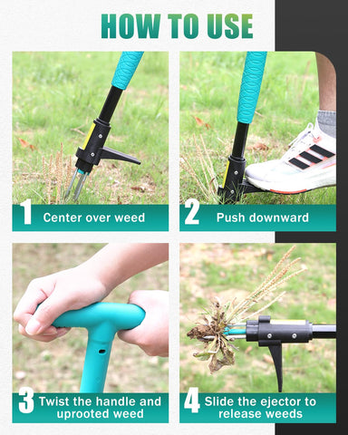 Breeze Touch weed remover in lawn showing practical, hands-free cleanup.