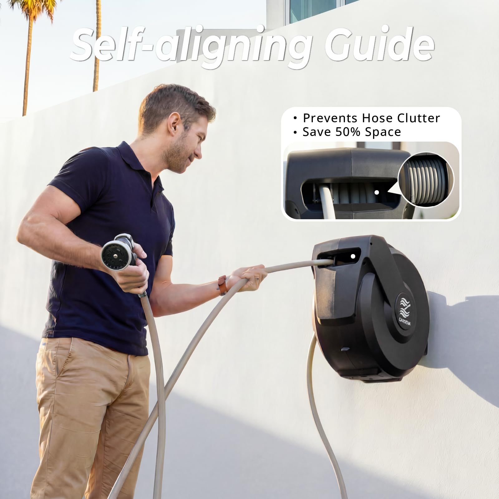 BreezeReel 180-degree swivel bracket enables easy watering around furniture and planters.