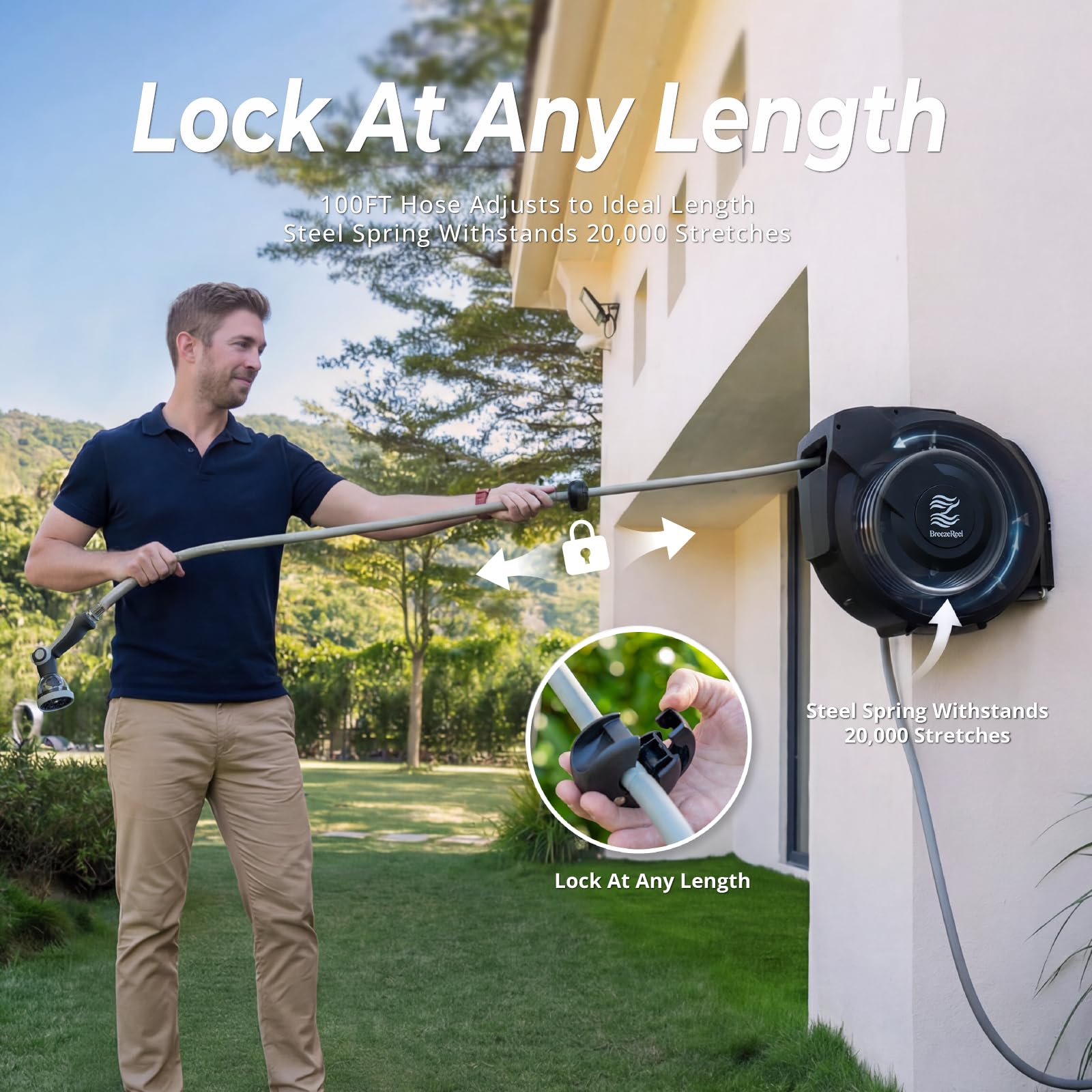 BreezeReel aluminum wall-mount bracket provides sturdy outdoor support for the reel.
