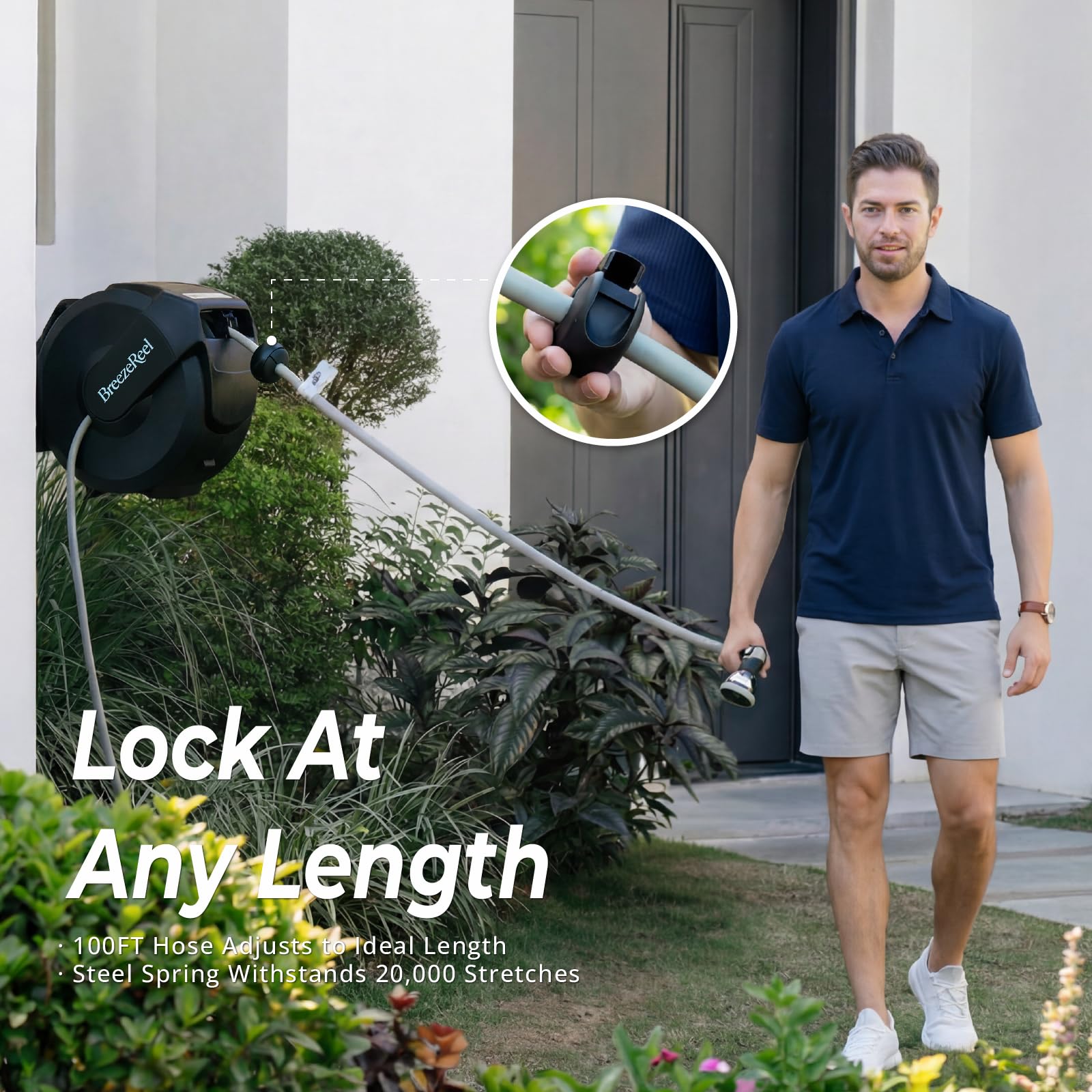 BreezeReel length lock enables precise watering of distant spots.