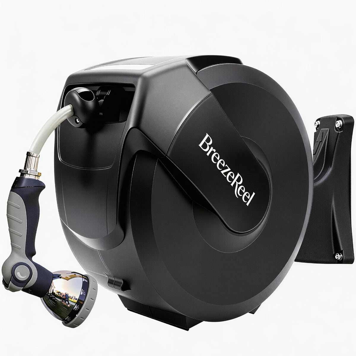 BreezeReel retractable hose reel with 100ft reach for flexible watering.