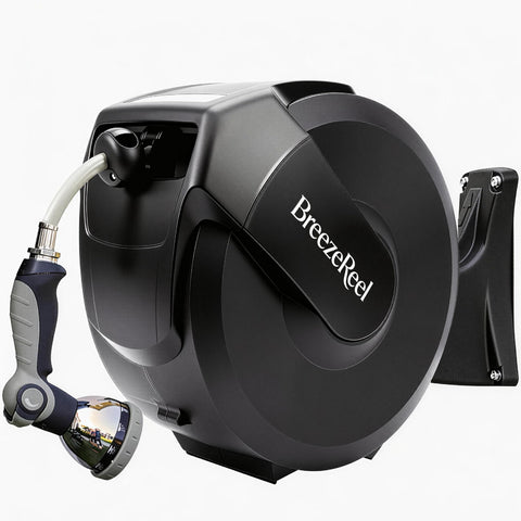 BreezeReel retractable hose reel with 100ft reach for flexible watering.