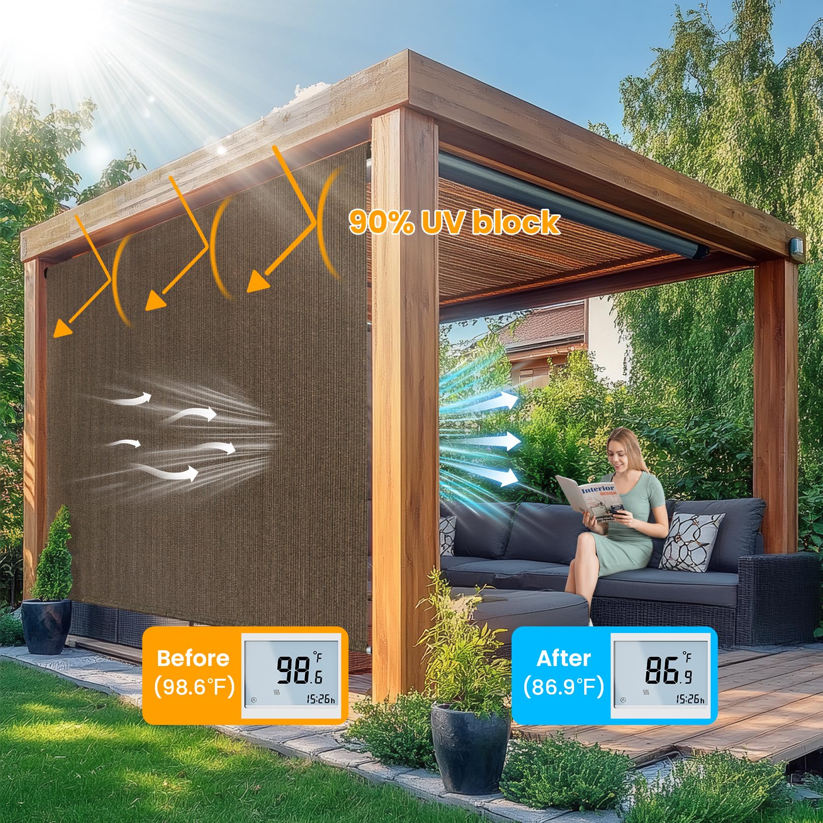 Breezombra 8x8 mocha shade mounted on porch for privacy and glare reduction.
