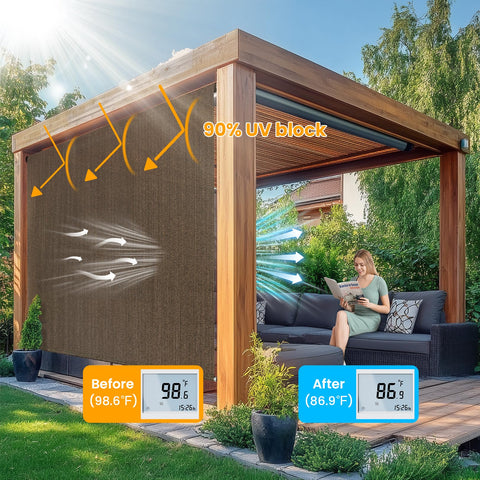Breezombra 8x8 mocha shade mounted on porch for privacy and glare reduction.