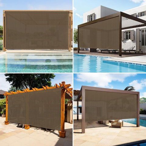 Breezombra mocha outdoor roller shade cordless operation; safer for kids and pets.