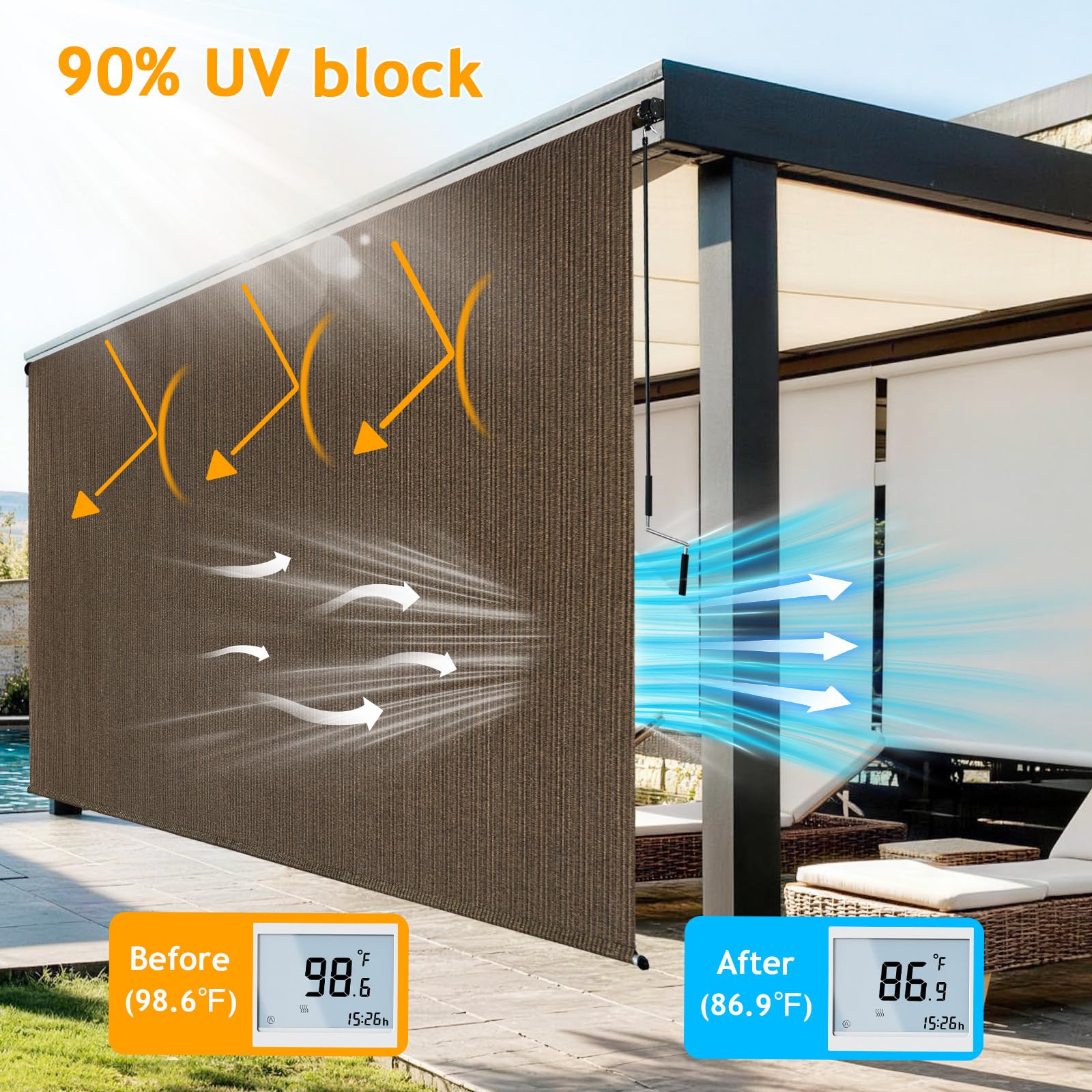 Breezombra mocha outdoor roller shade with crank wand extended for easy airflow control.