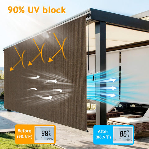 Breezombra mocha outdoor roller shade with crank wand extended for easy airflow control.