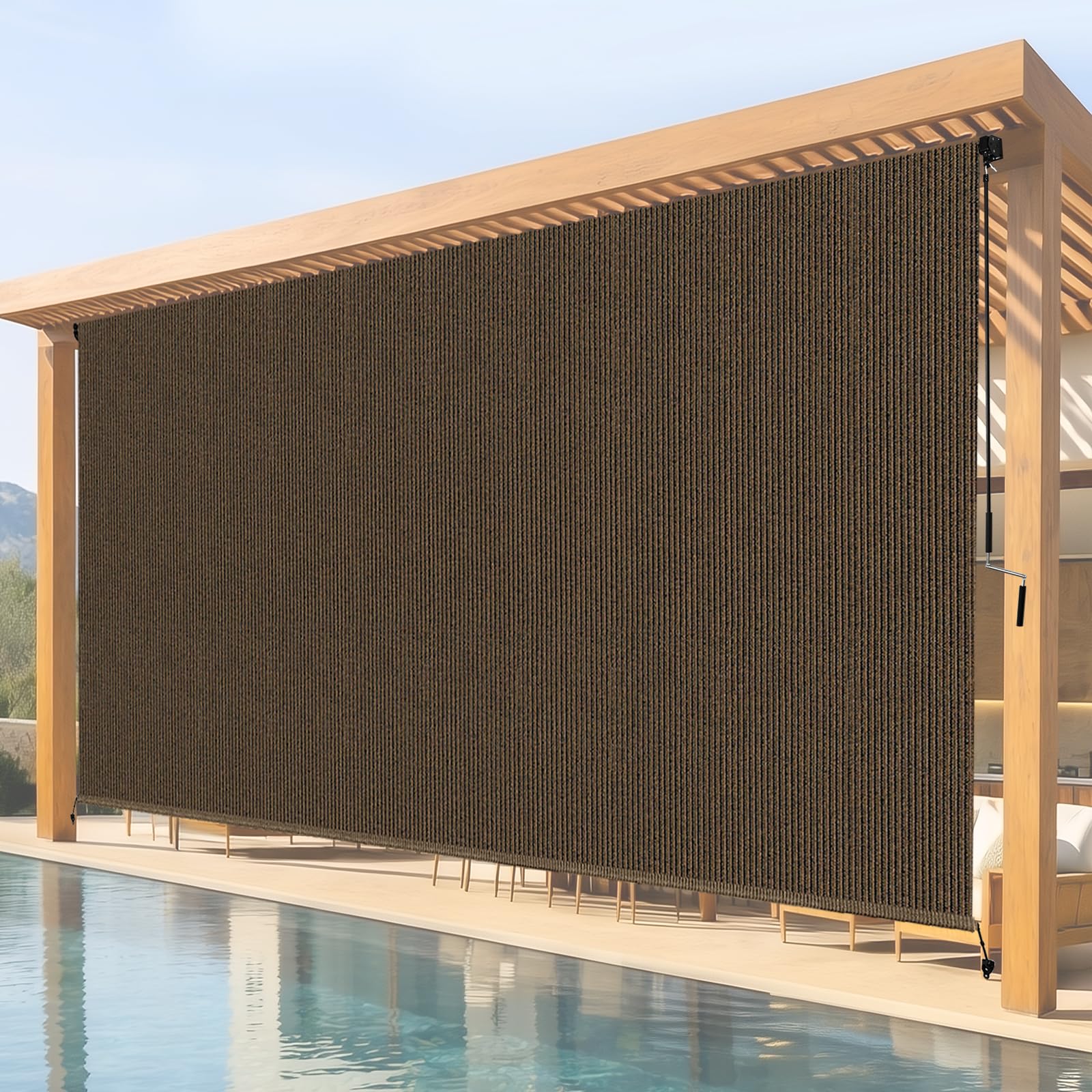 Breezombra mocha outdoor roller shade wall-mounted closed, blocking sun and preserving privacy.