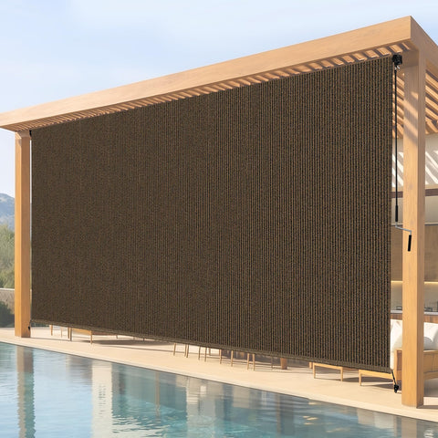 Breezombra mocha outdoor roller shade wall-mounted closed, blocking sun and preserving privacy.