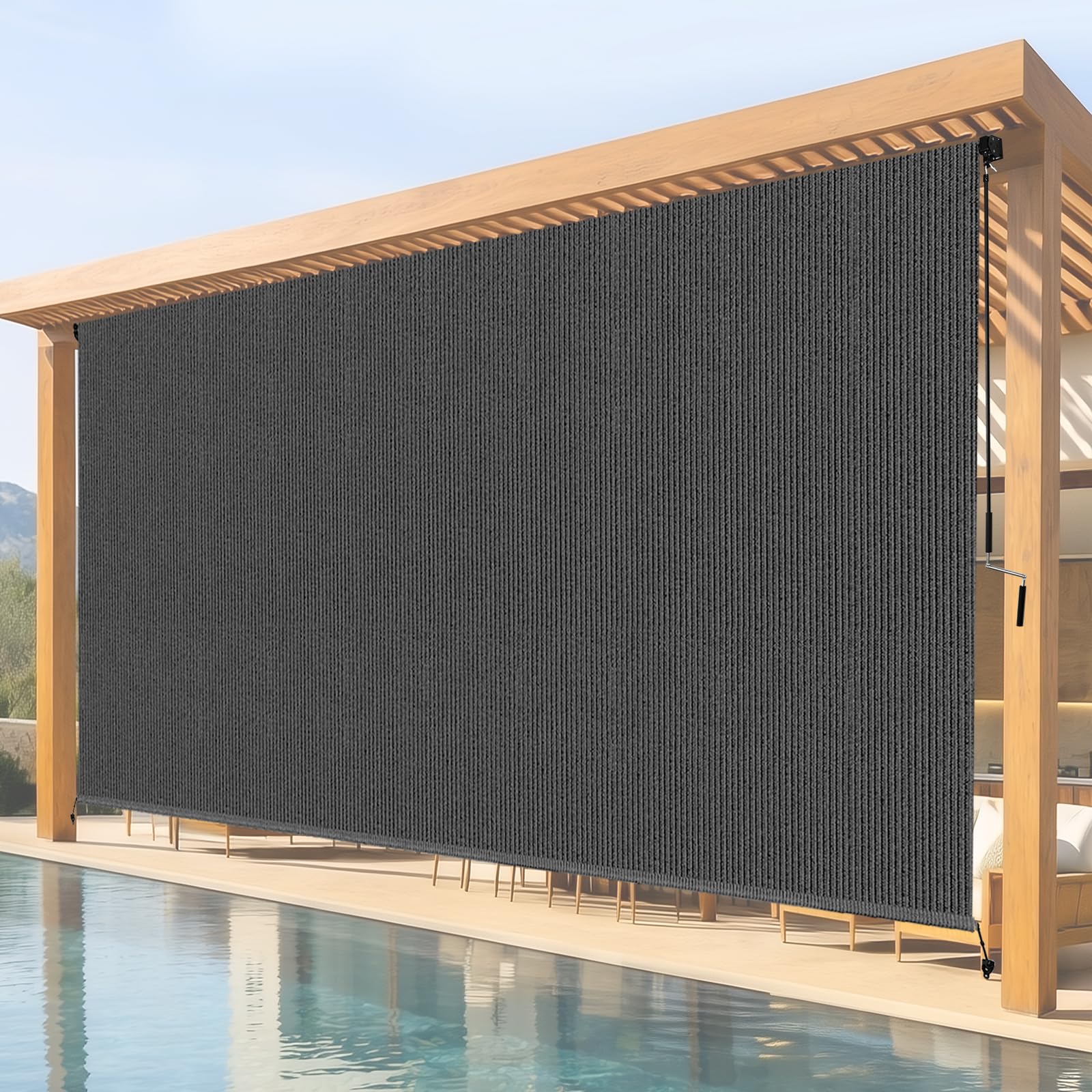 Breezombra roller shade mounted on wall for porch privacy and sun protection