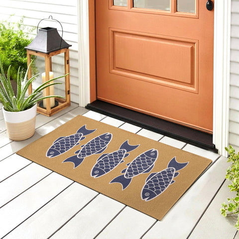 Breling fish coir doormat with coastal pattern greets guests at the entry.