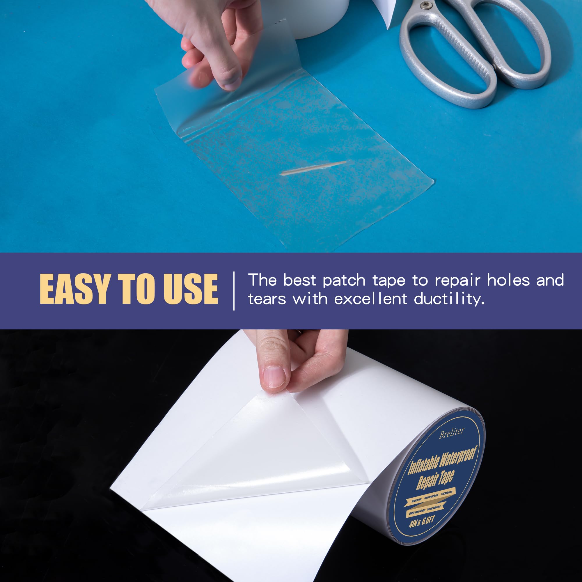 Breliter patch applied on air mattress demonstrates easy repair.