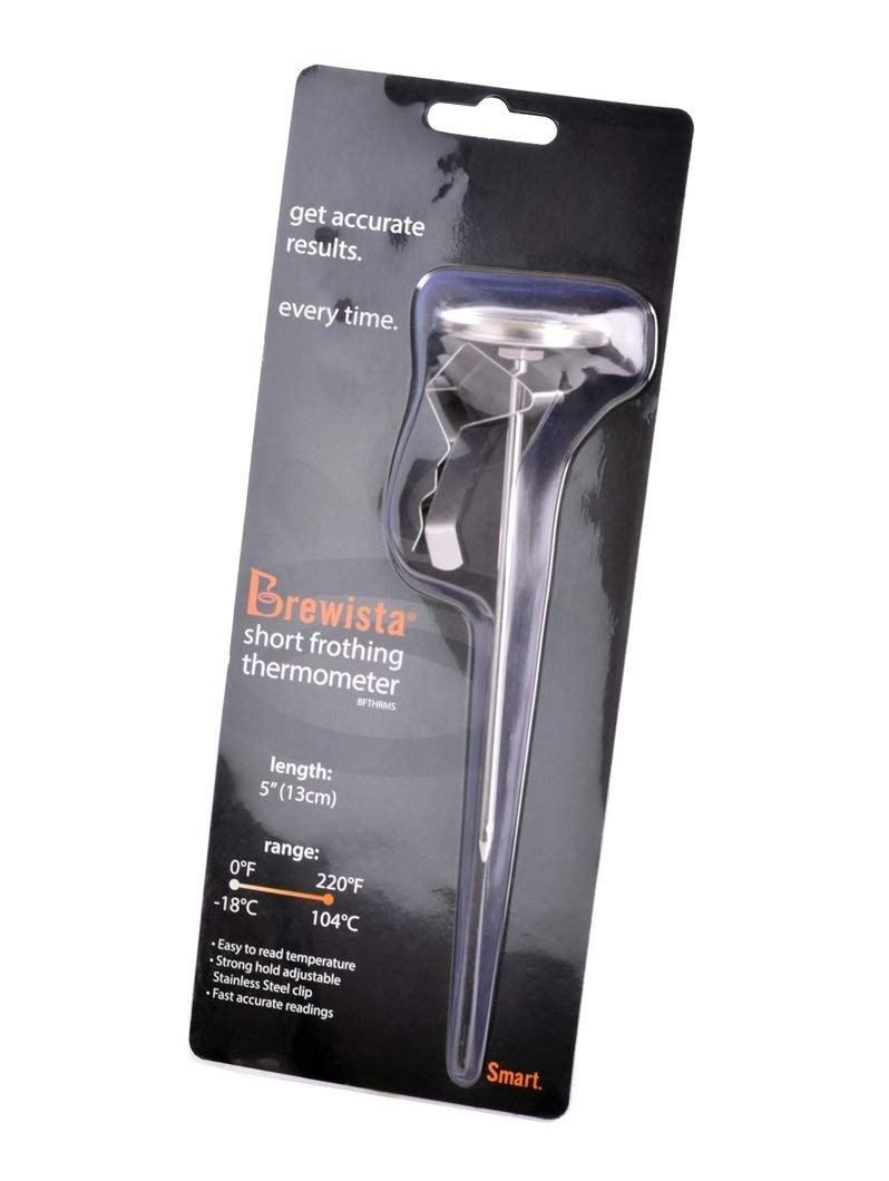 Brewista 5-inch thermometer positioned in a frothing pitcher for precise milk frothing up to 32 oz.