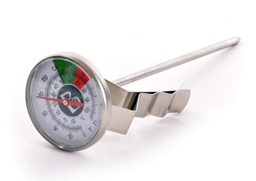 Brewista short frothing thermometer with adjustable clip for precise placement.