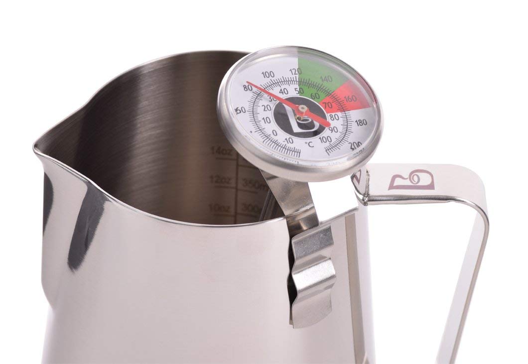 Brewista stainless steel thermometer dial delivers quick temperature readings for frothing.