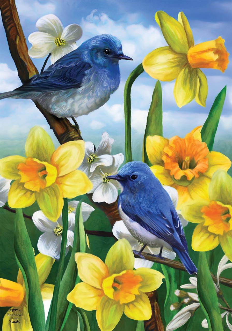 Briarwood Lane bluebirds and daffodils flag front view elevating curb appeal