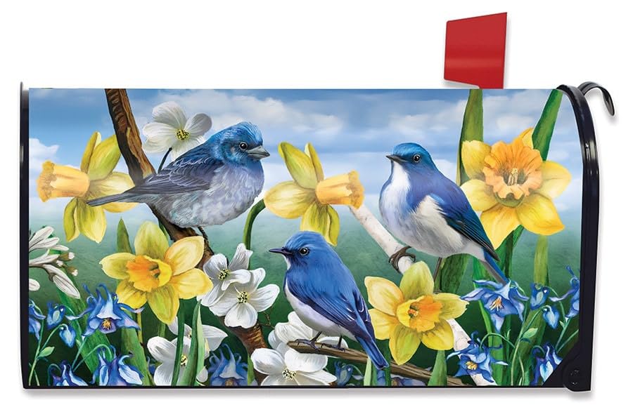 Briarwood Lane bluebirds and daffodils mailbox cover closeup enhances curb appeal
