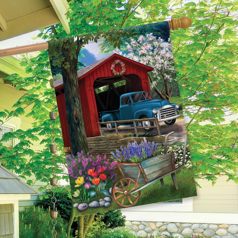 Bridge in Blooms Spring flag designed for 28 by 40 inch outdoor viewing