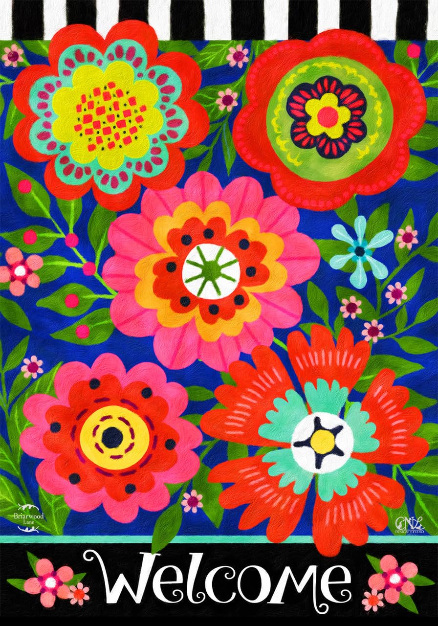Briarwood Lane Bright Blooms flag graphic showcases vibrant spring flowers for outdoor welcome.