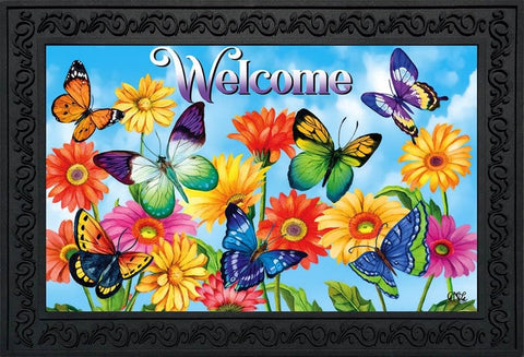 Briarwood Lane Fluttering Butterflies Spring Doormat greets guests with vibrant color and durability.