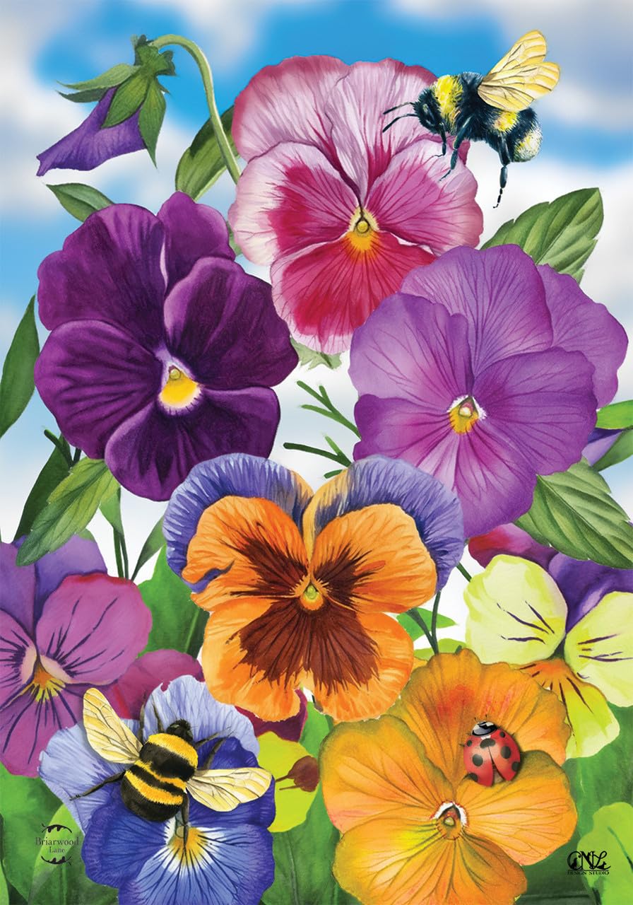 Briarwood Lane Pansies flag with single-sided text enhances seasonal entryway charm.
