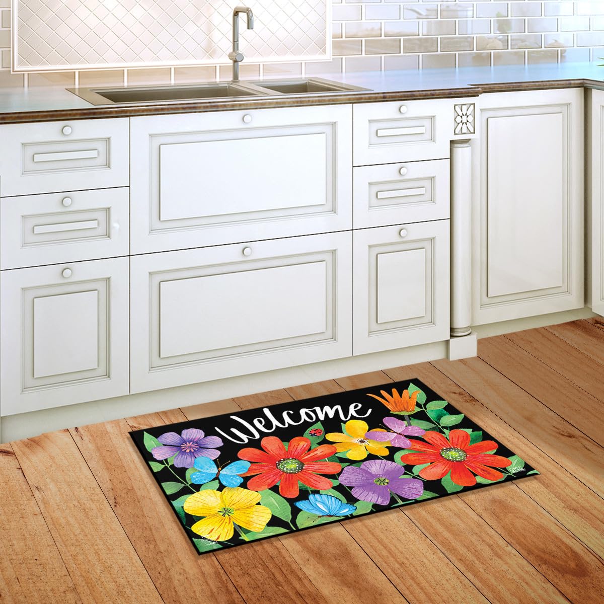 Non-skid backing visible on Briarwood Lane Whimsy Flowers doormat for stability